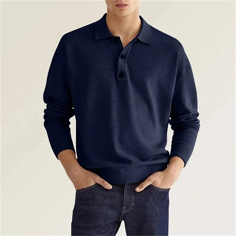 Men's Long Sleeve Polo Shirt with Fold-Down Collar and Ribbed Knit Cuffs