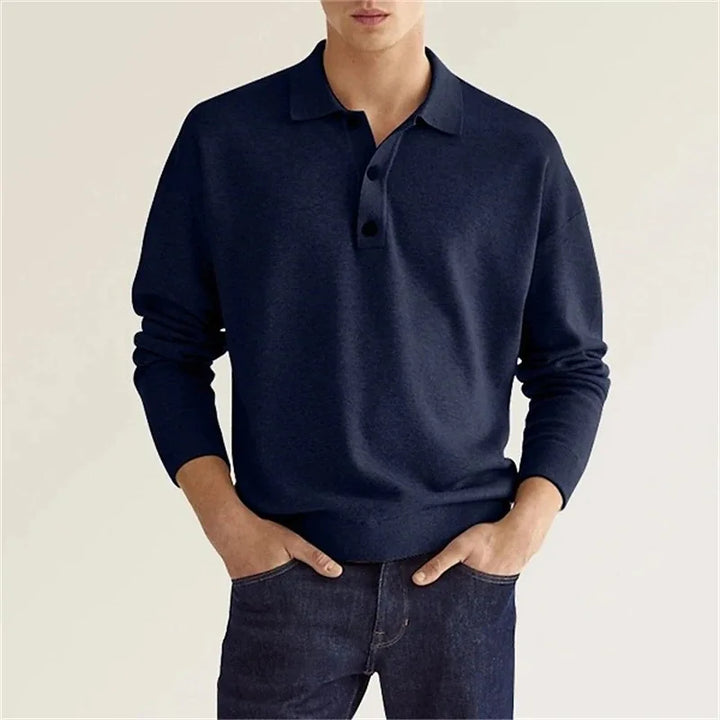 Men's Long Sleeve Polo Shirt with Fold-Down Collar and Ribbed Knit Cuffs