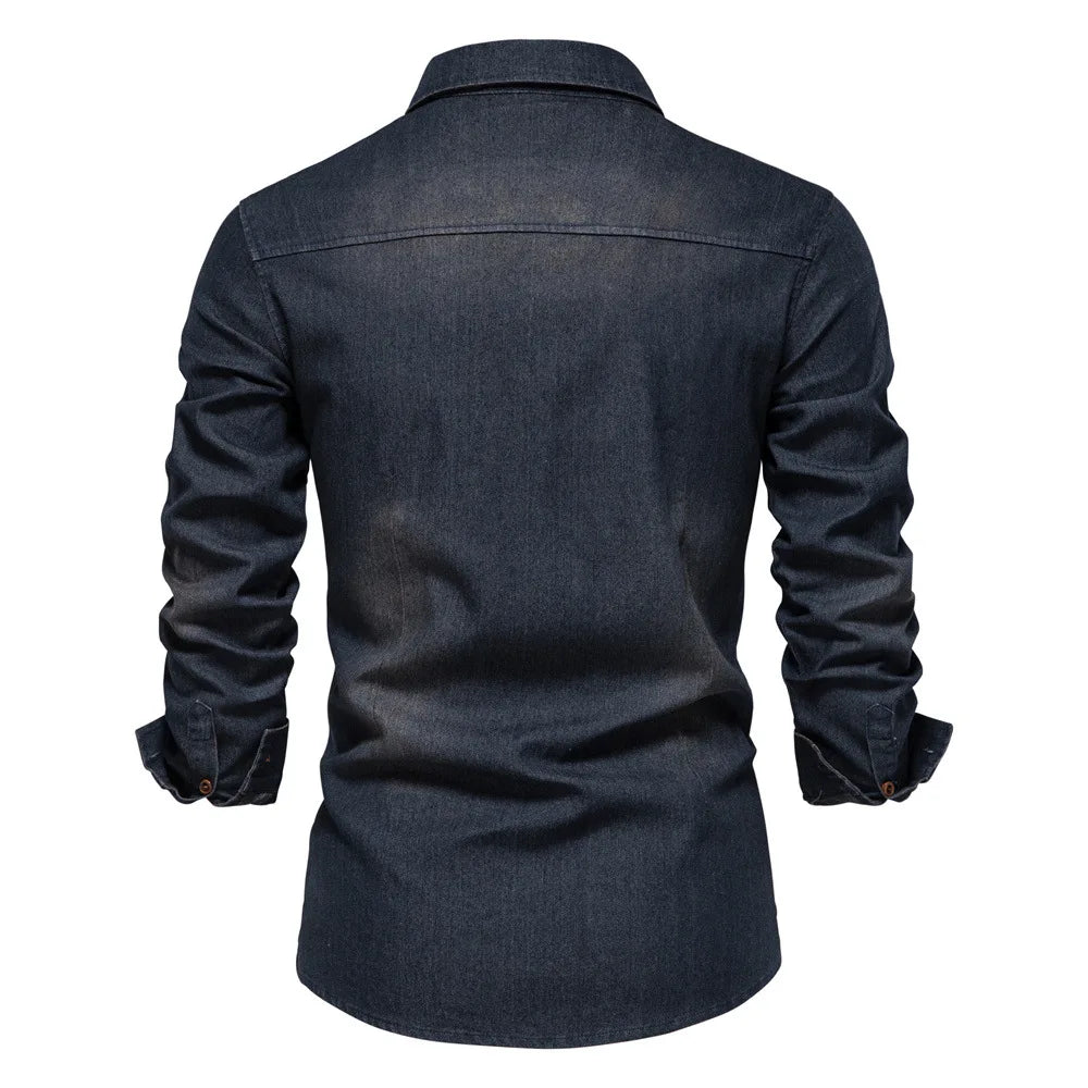 Men's Long Sleeve Contrast Button Shirt with Fold-Down Collar and Dual Flap Pockets