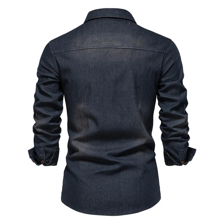 Men's Long Sleeve Contrast Button Shirt with Fold-Down Collar and Dual Flap Pockets