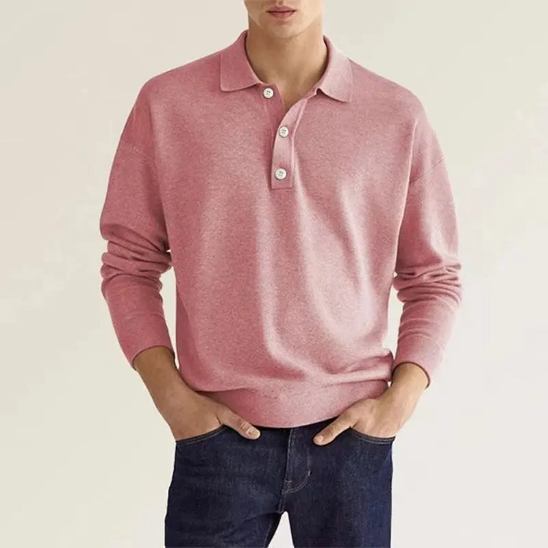 Men's Long Sleeve Polo Shirt with Fold-Down Collar and Ribbed Knit Cuffs