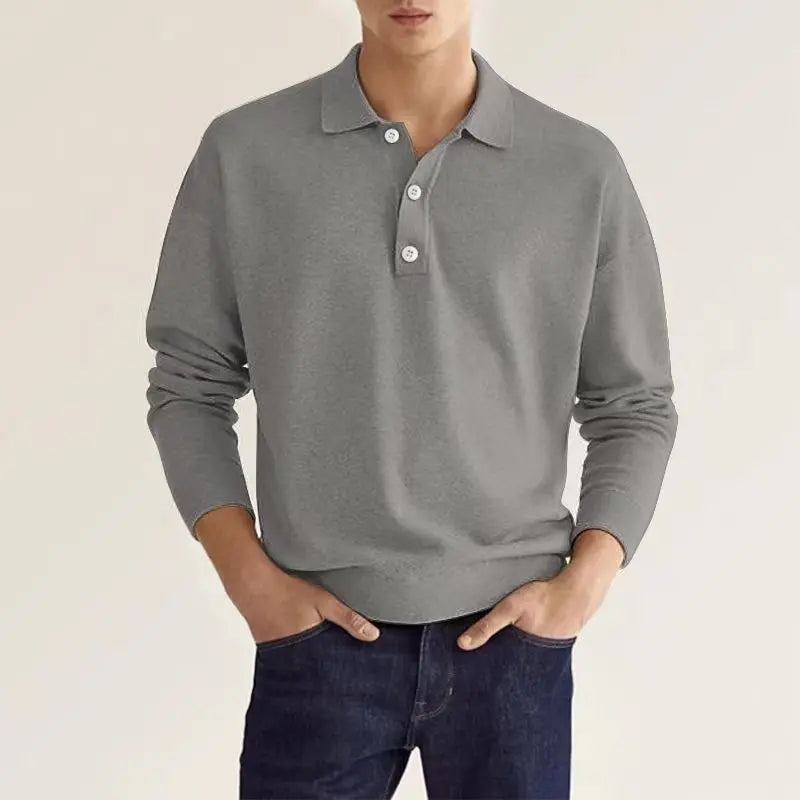 Men's Long Sleeve Polo Shirt with Fold-Down Collar and Ribbed Knit Cuffs