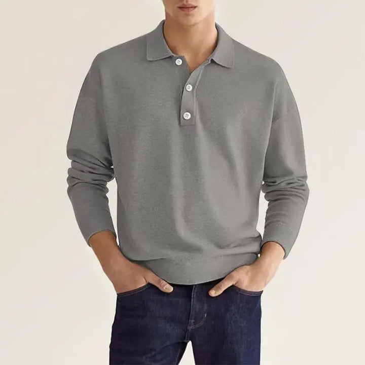 Men's Long Sleeve Polo Shirt with Fold-Down Collar and Ribbed Knit Cuffs