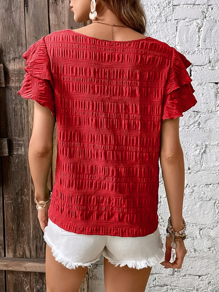 Women's Round Neckline Shirt with Ruffle Sleeves and Smocked Surface
