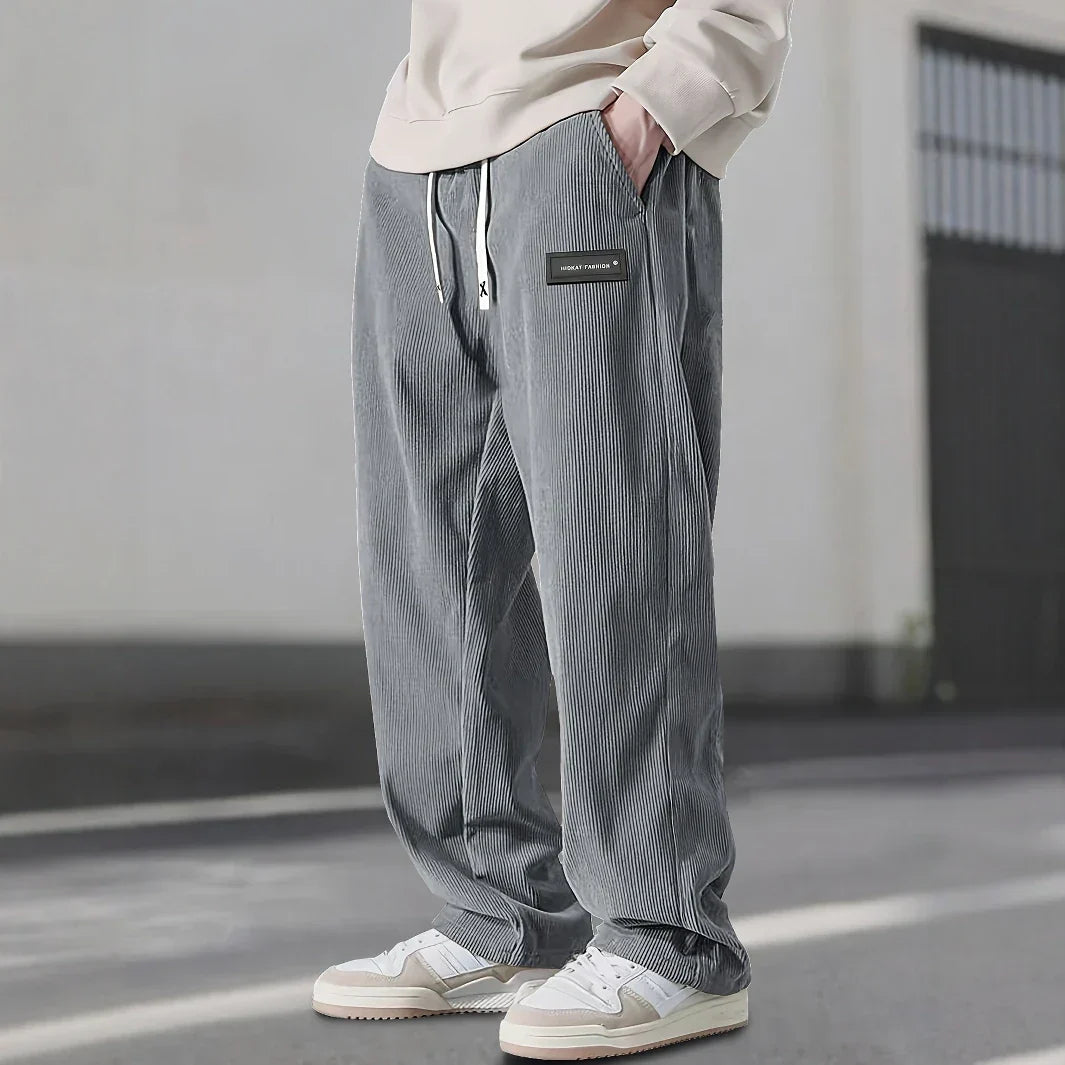 Men's Straight-Leg Ribbed Pants with Drawstring Waist and Label Patch