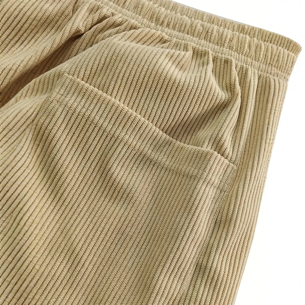 Men's Straight-Leg Ribbed Pants with Drawstring Waist and Label Patch