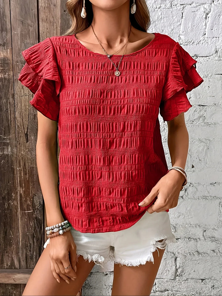 Women's Round Neckline Shirt with Ruffle Sleeves and Smocked Surface