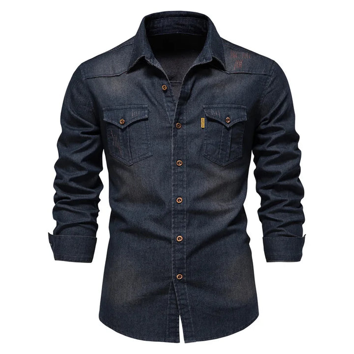 Men's Long Sleeve Contrast Button Shirt with Fold-Down Collar and Dual Flap Pockets