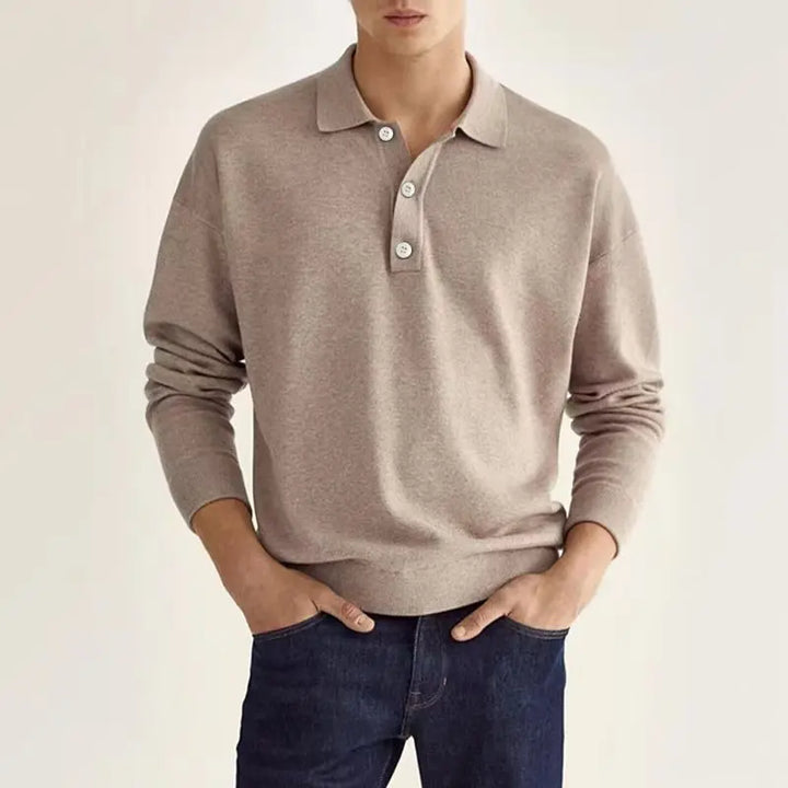 Men's Long Sleeve Polo Shirt with Fold-Down Collar and Ribbed Knit Cuffs