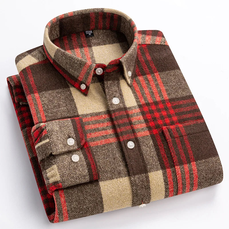 Men's Button-Front Plaid Shirt with Pointed Collar and Chest Pocket