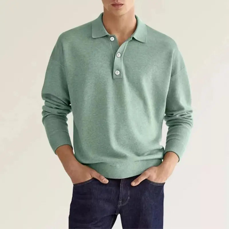 Men's Long Sleeve Polo Shirt with Fold-Down Collar and Ribbed Knit Cuffs