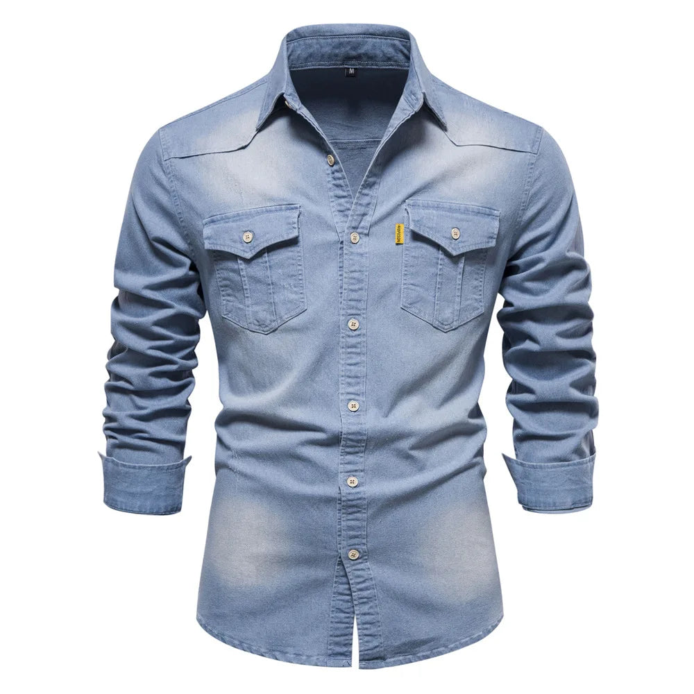 Men's Long Sleeve Contrast Button Shirt with Fold-Down Collar and Dual Flap Pockets