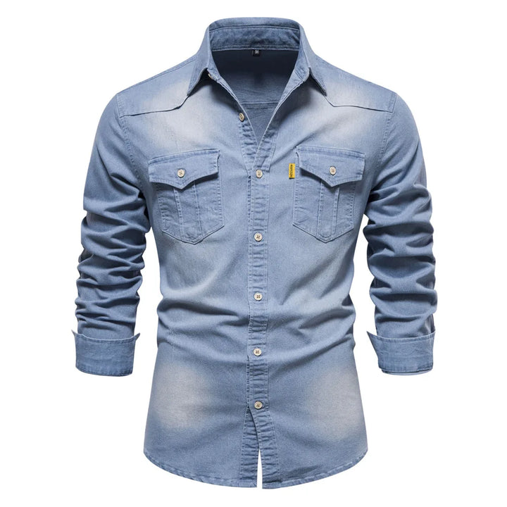 Men's Long Sleeve Contrast Button Shirt with Fold-Down Collar and Dual Flap Pockets