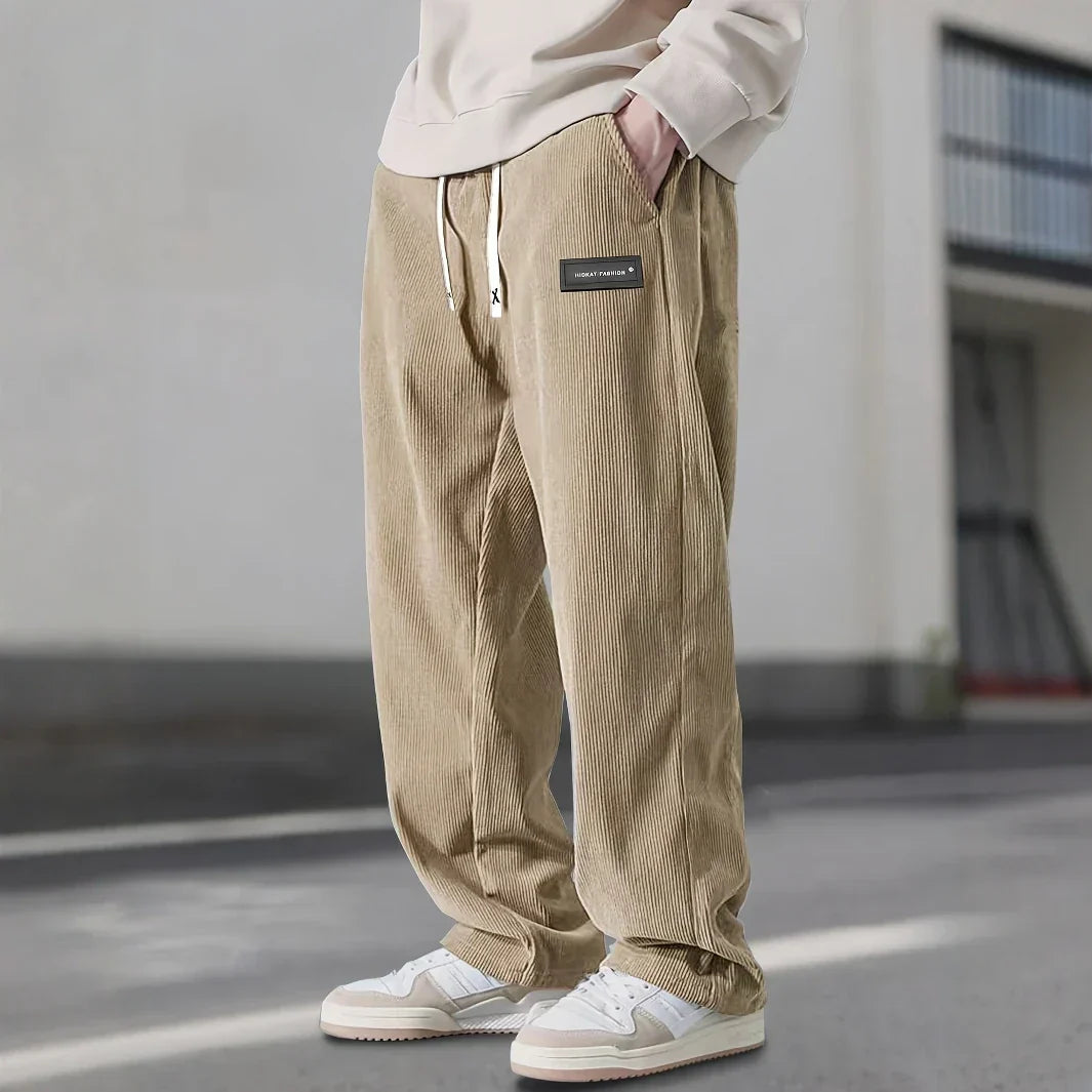 Men's Straight-Leg Ribbed Pants with Drawstring Waist and Label Patch