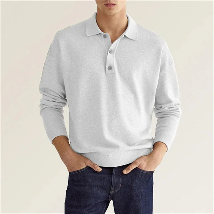 Men's Long Sleeve Polo Shirt with Fold-Down Collar and Ribbed Knit Cuffs