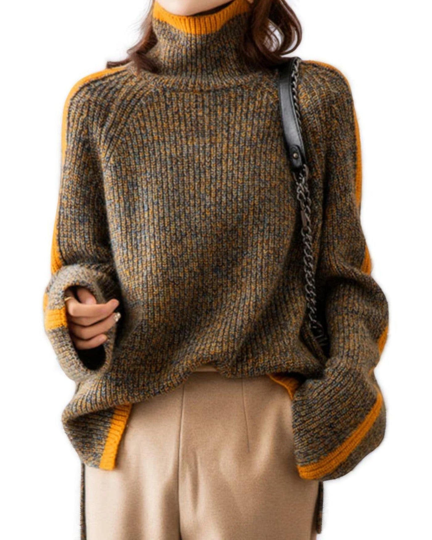 Marilena Pullover | Thick Knit High Collar with Orange Stripes