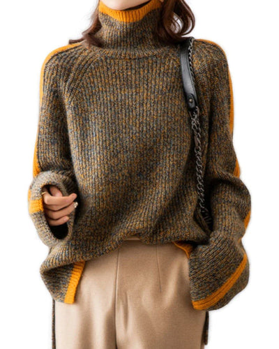 Marilena Pullover | Thick Knit High Collar with Orange Stripes