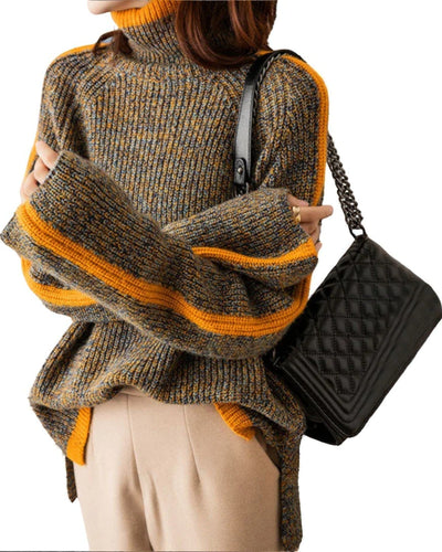 Marilena Pullover | Thick Knit High Collar with Orange Stripes