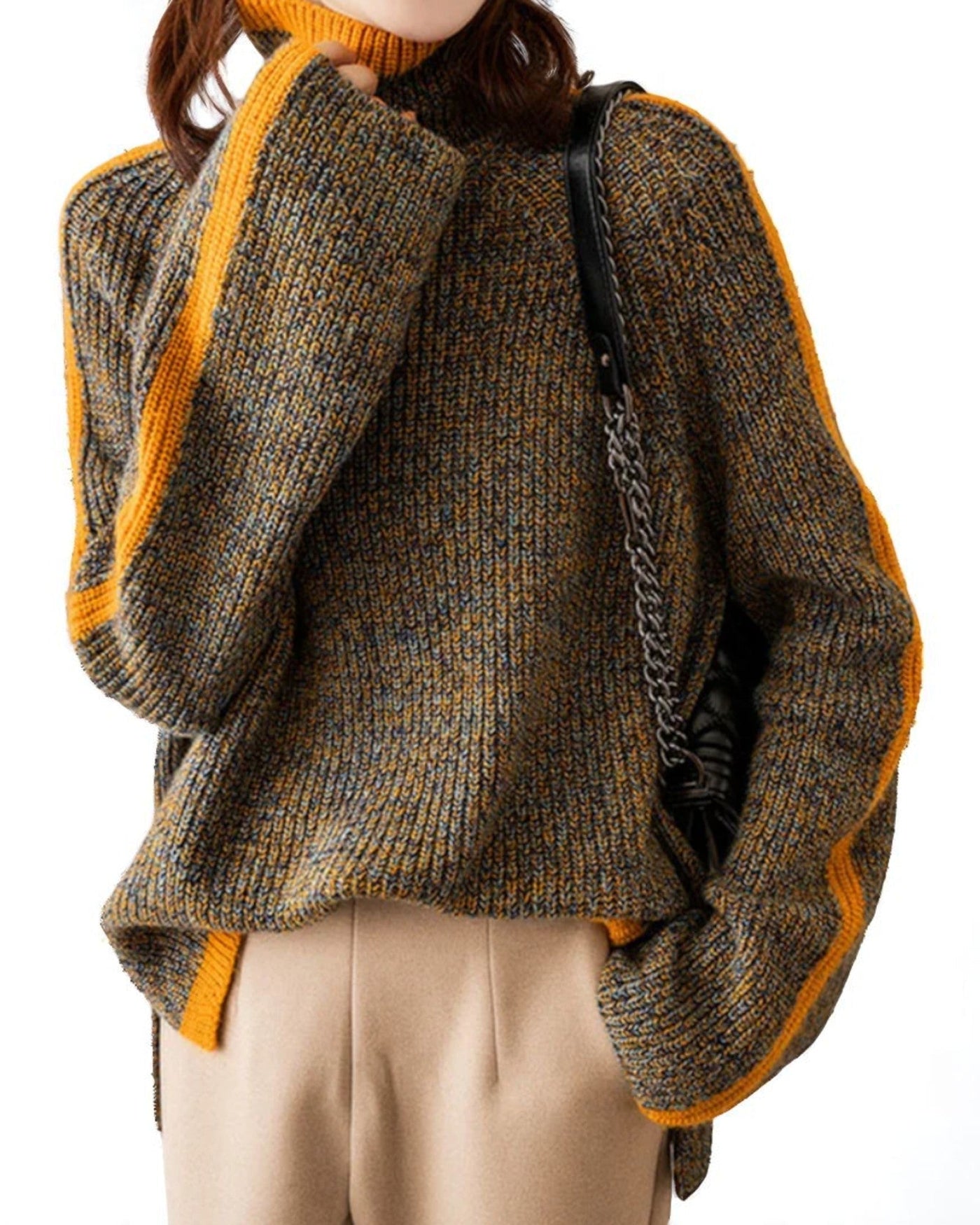Marilena Pullover | Thick Knit High Collar with Orange Stripes
