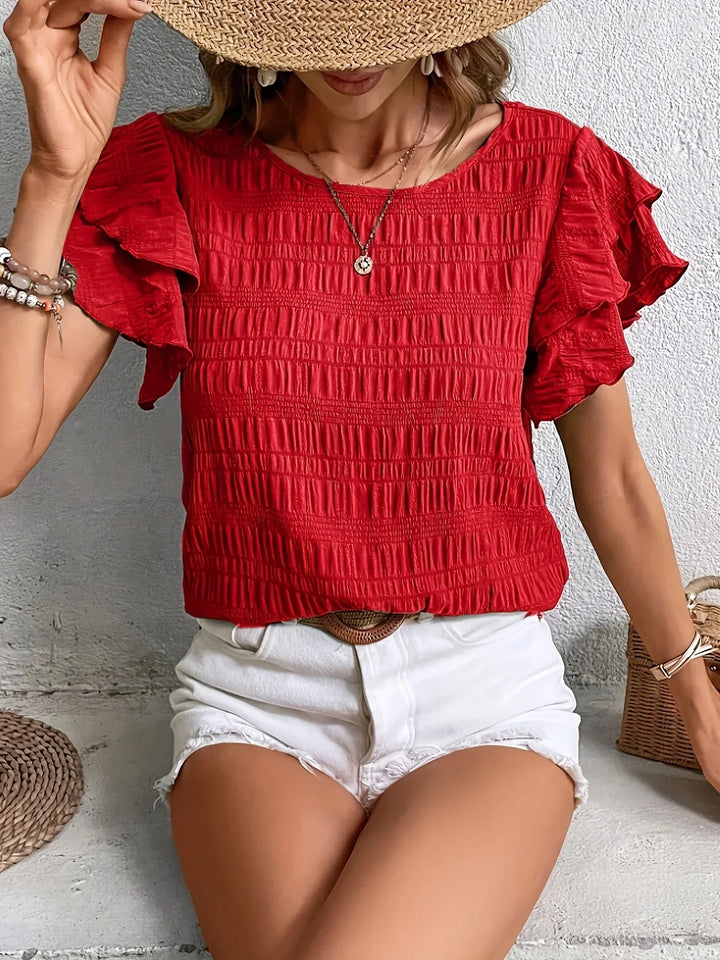 Women's Round Neckline Shirt with Ruffle Sleeves and Smocked Surface