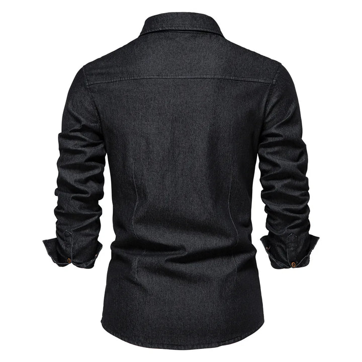 Men's Long Sleeve Contrast Button Shirt with Fold-Down Collar and Dual Flap Pockets