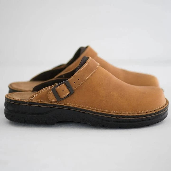 Men's Closed-Toe Buckle Strap Clog with Open Back and Layered Sole