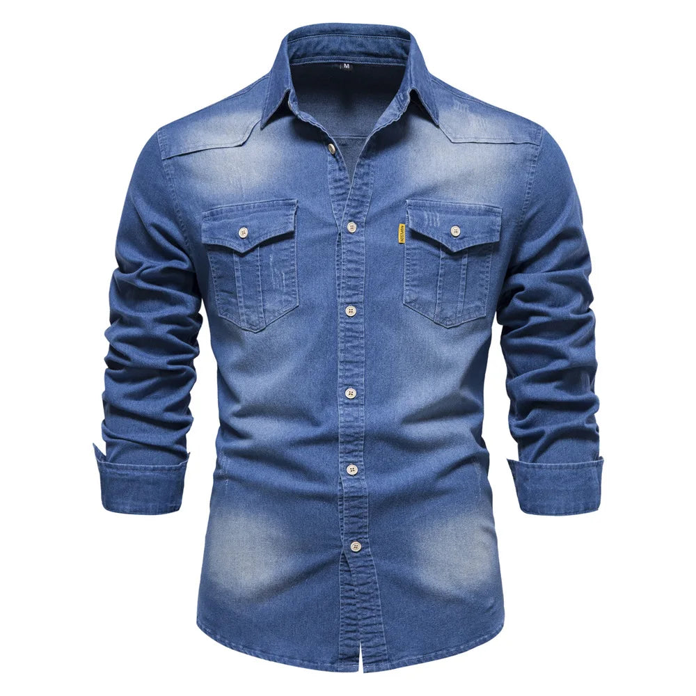Men's Long Sleeve Contrast Button Shirt with Fold-Down Collar and Dual Flap Pockets
