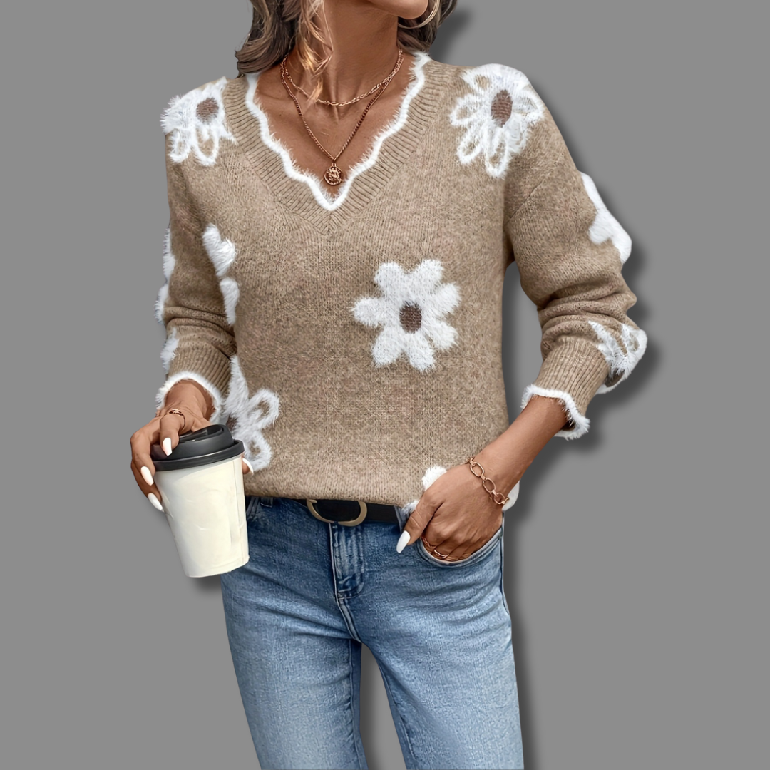 Renata | Women's Floral Motif V-Neck Sweater