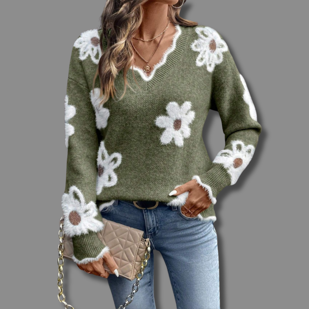 Renata | Women's Floral Motif V-Neck Sweater