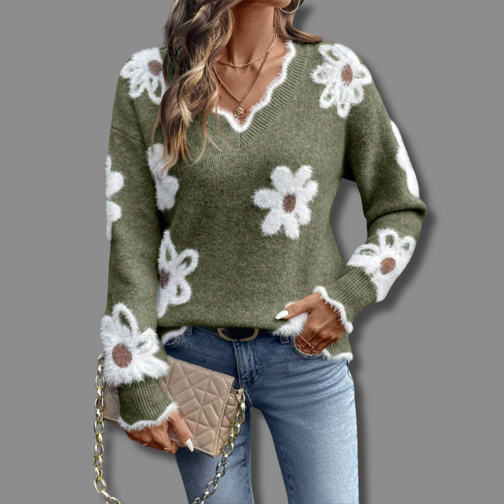 Renata | Women's Floral Motif V-Neck Sweater