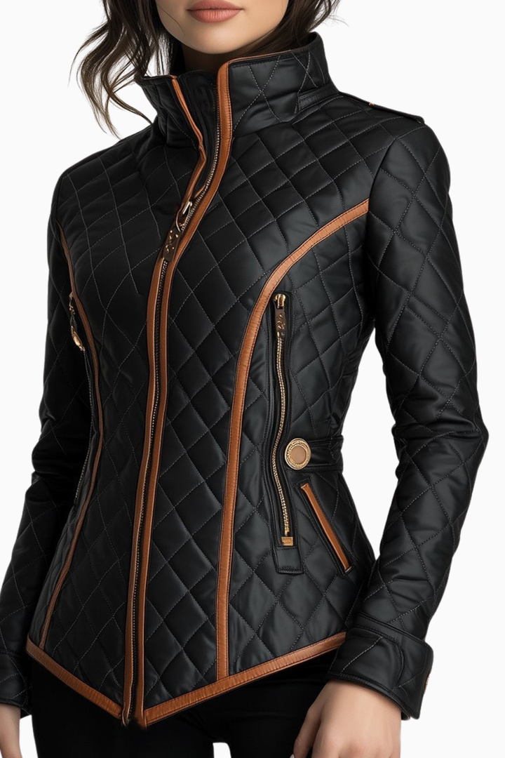 Toinette | Women's Diamond-Quilted Moto Jacket with Contrast Piping