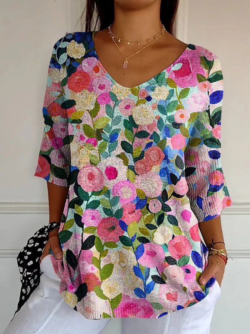 Amelia | Colorful Spring Floral Garden Printed Women's Casual Pullover Knit