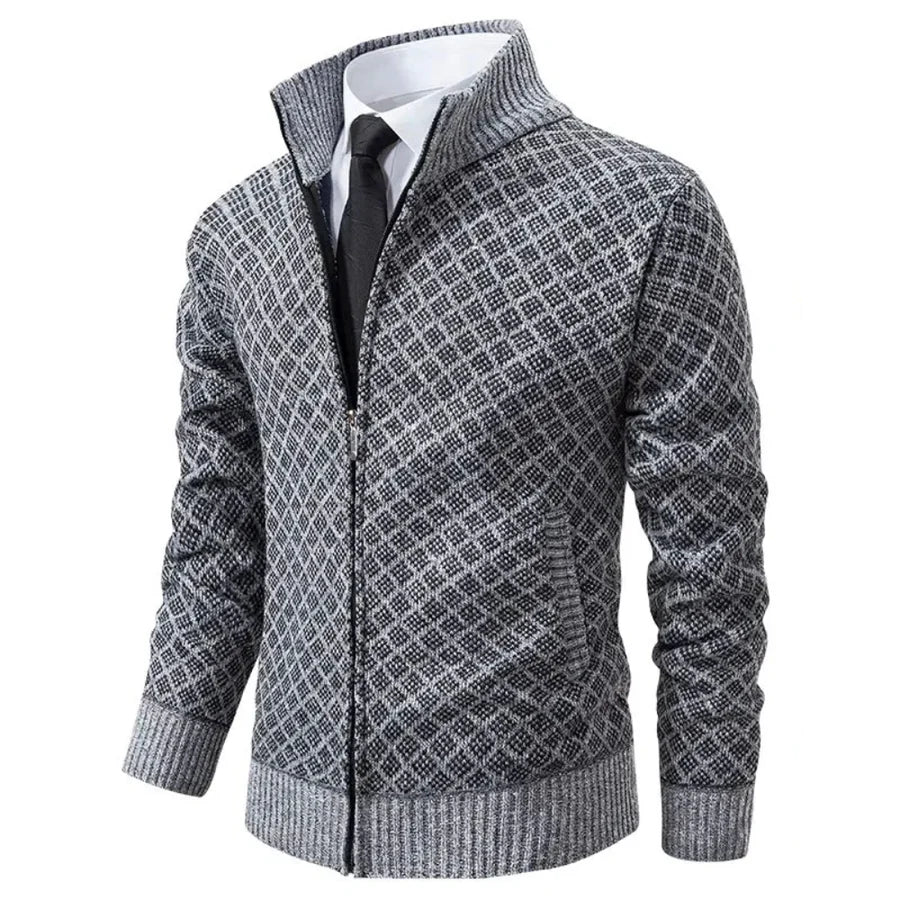Men's Diamond-Pattern Zip-Front Cardigan with Stand-Up Collar and Ribbed Trim