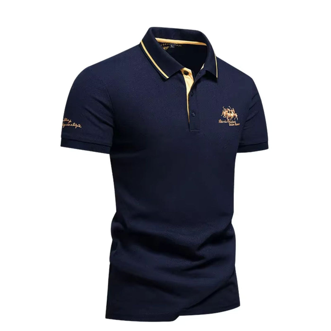 Men's Short Sleeve Polo Shirt with Contrast Tipped Collar and Embroidered Chest Motif