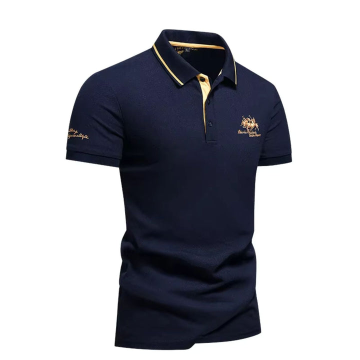 Men's Short Sleeve Polo Shirt with Contrast Tipped Collar and Embroidered Chest Motif