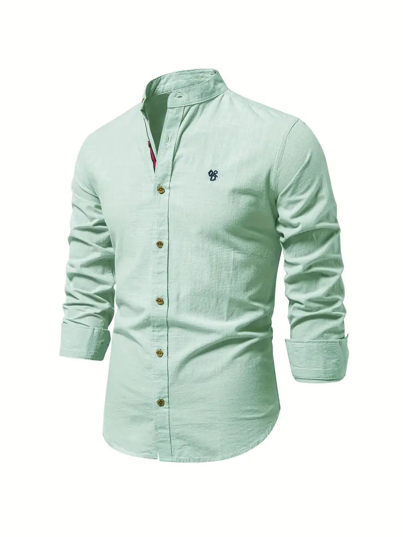 Men's Long Sleeve Button-Front Shirt with Band Collar and Chest Emblem
