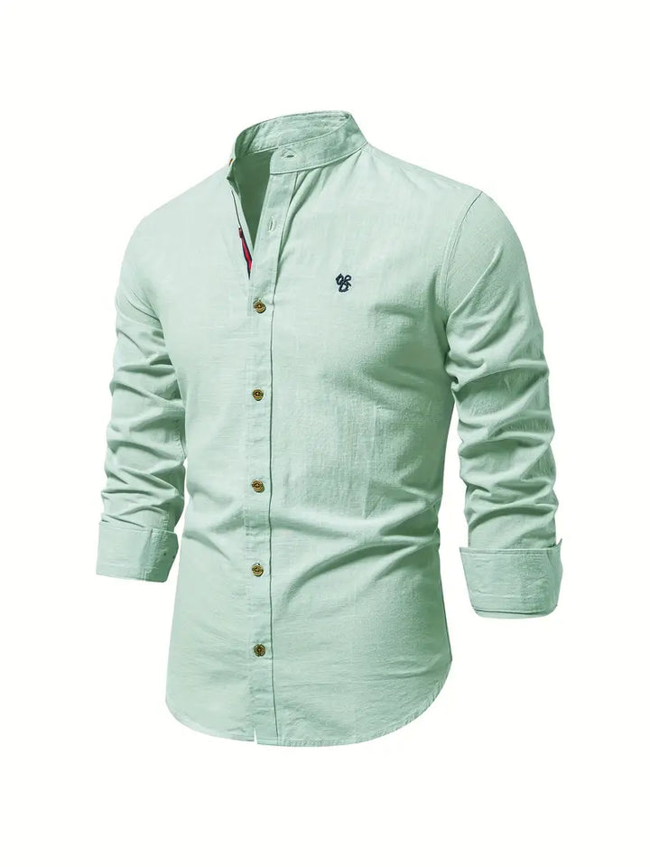 Men's Long Sleeve Button-Front Shirt with Band Collar and Chest Emblem