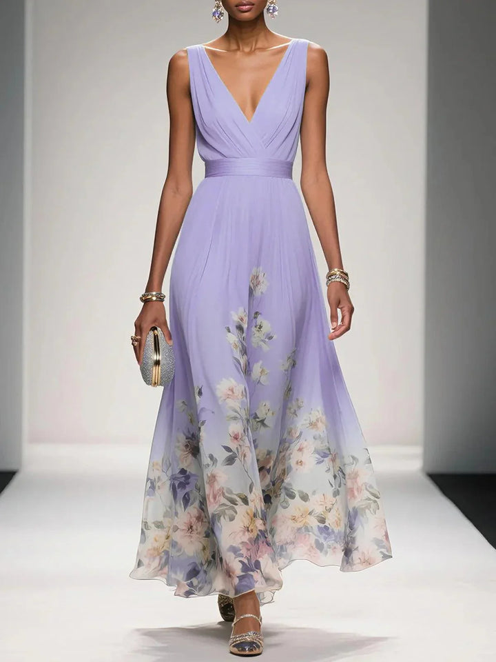 Women's Sleeveless V-Neck Floral Maxi Dress with Wide Shoulder Straps and Waistband Seam