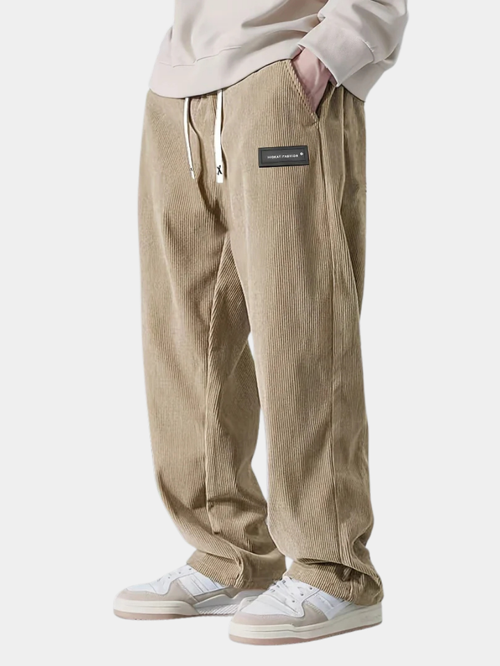 Men's Straight-Leg Ribbed Pants with Drawstring Waist and Label Patch
