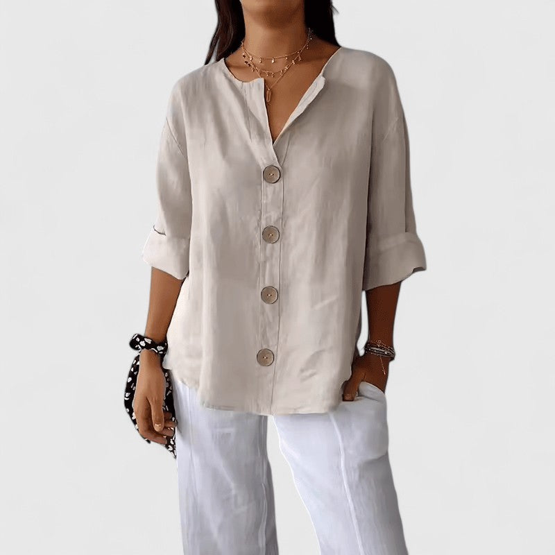 Adeline | Women's Cotton-Linen V-Neck Button-Front Blouse