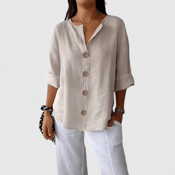 Adeline | Women's Cotton-Linen V-Neck Button-Front Blouse