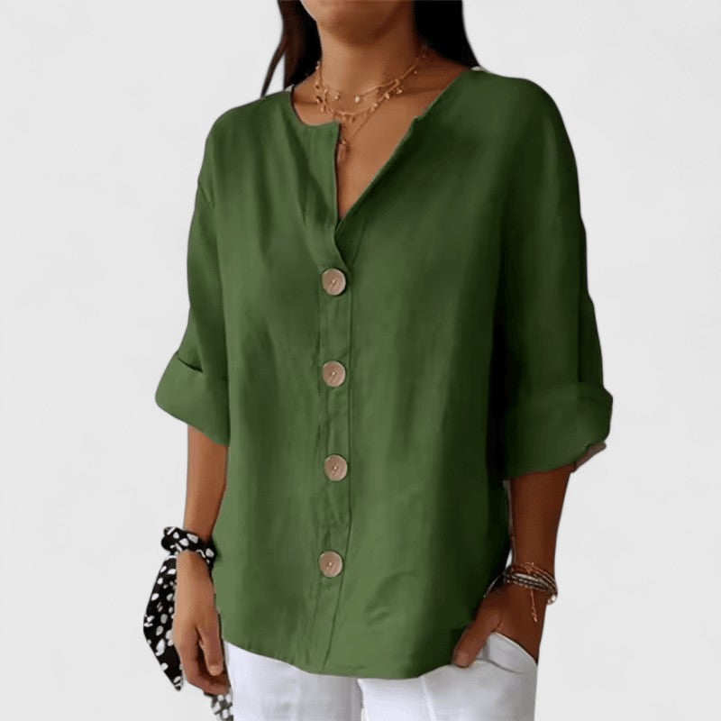 Adeline | Women's Cotton-Linen V-Neck Button-Front Blouse