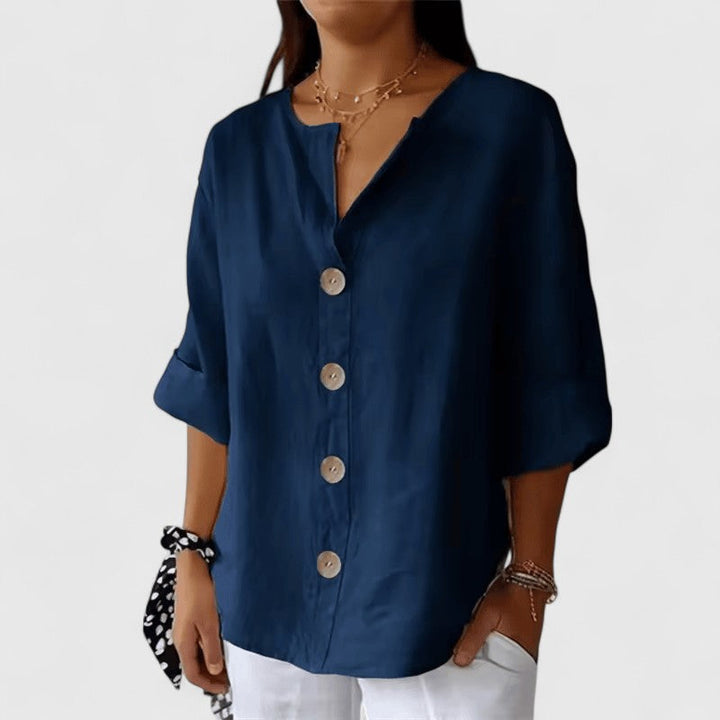 Adeline | Women's Cotton-Linen V-Neck Button-Front Blouse