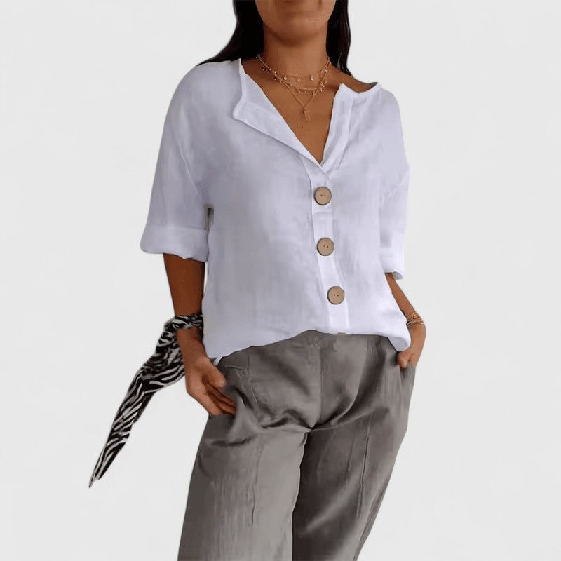 Adeline | Women's Cotton-Linen V-Neck Button-Front Blouse