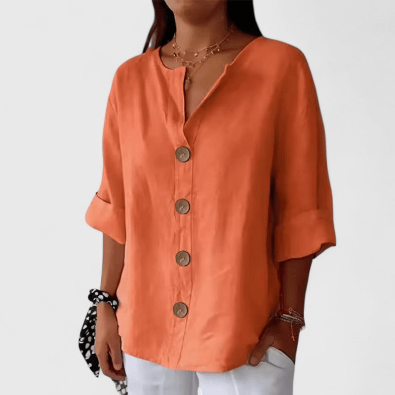 Adeline | Women's Cotton-Linen V-Neck Button-Front Blouse