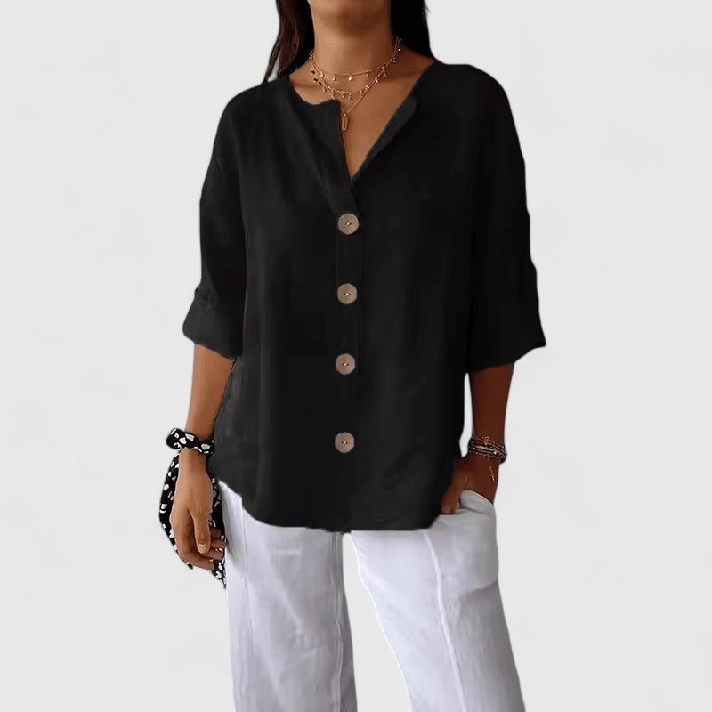 Adeline | Women's Cotton-Linen V-Neck Button-Front Blouse
