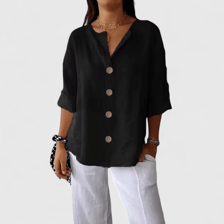 Adeline | Women's Cotton-Linen V-Neck Button-Front Blouse