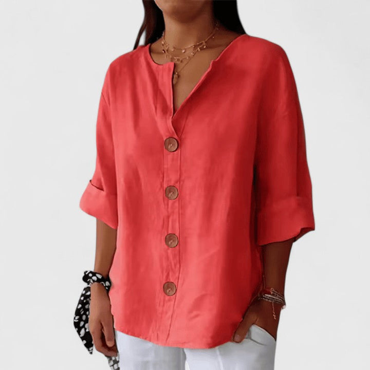 Adeline | Women's Cotton-Linen V-Neck Button-Front Blouse