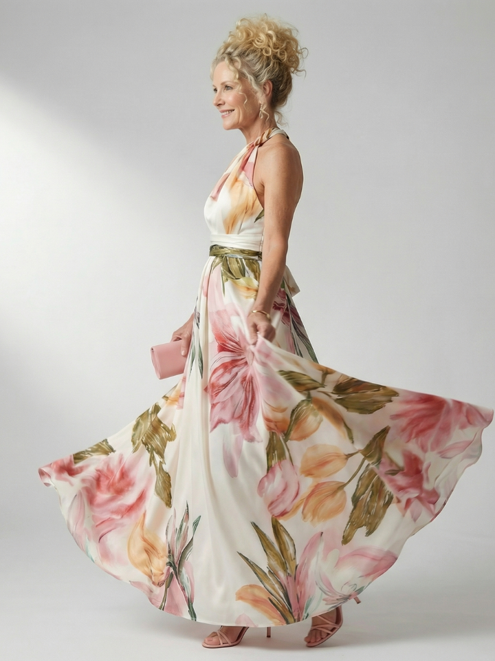 Amiel | Women's Light Floral Sleeveless Halter Maxi Dress