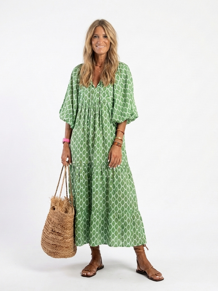 Apolline | Women's V-Neck Three-Quarter Sleeve Tiered Midi Dress